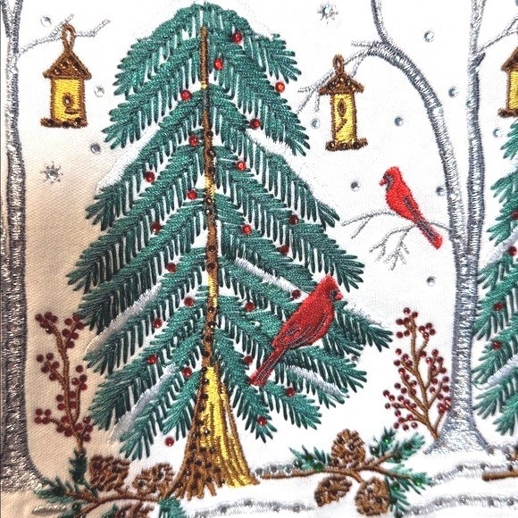 New Quaker Factory Womens Long Sleeve Shirt Snowy Cardinal Christmas Tree Size M - Picture 2 of 7